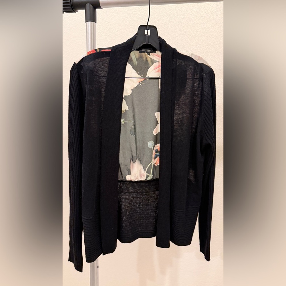 Ted Baker Black and Floral Open-Front Cardigan